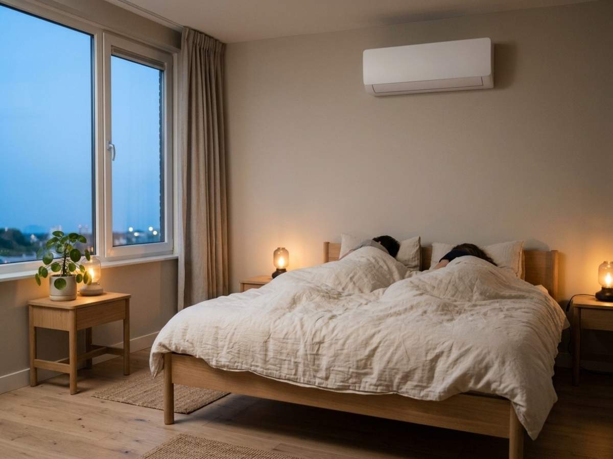 Stille airco binnenunit boven een bed in een slaapkamer