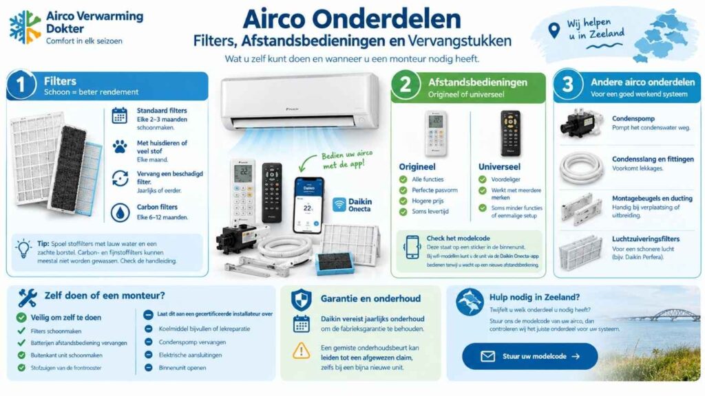Overzicht van airco onderdelen, waaronder filters, afstandsbedieningen, condensslangen en onderdelen die door een monteur moeten worden vervangen